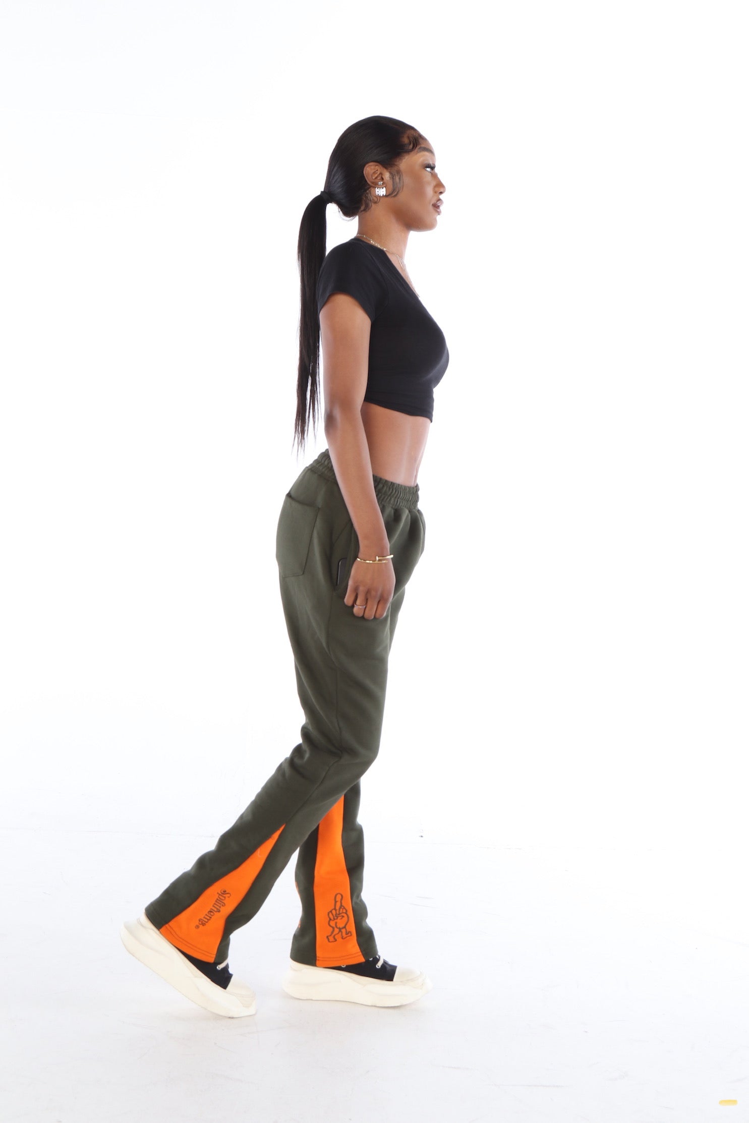‘F***-Off Olive’ Flared Track Bottoms